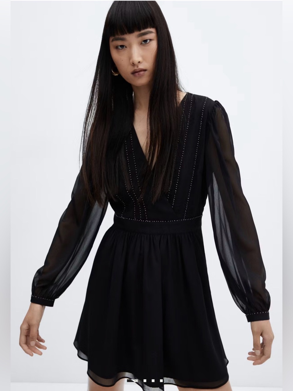 Mango flowy beaded detail long sleeve a line mini dress chiffon lined v neck NWT